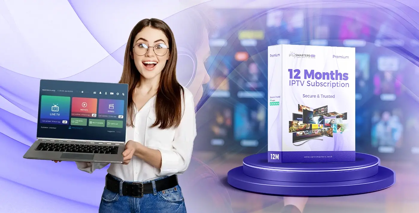 Woman holding laptop showing IPTV Smarters app with Best IPTV Subscription 12 Months box – Secure and Trusted IPTV Subscription 2025